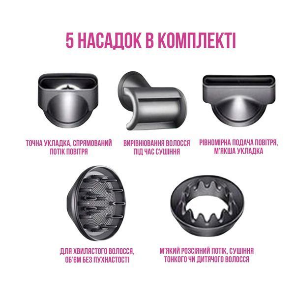 Фен стайлер Dyson 5 в 1 (Iron/Fuchsia) для швидкої сушкі та укладки, Сірий/Фуксія  magicfuchsia фото